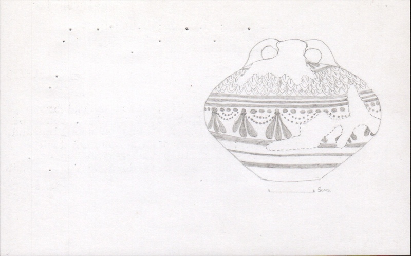 Index card with typed and handwritten information, sometimes including a sketch, of pottery from an excavation.