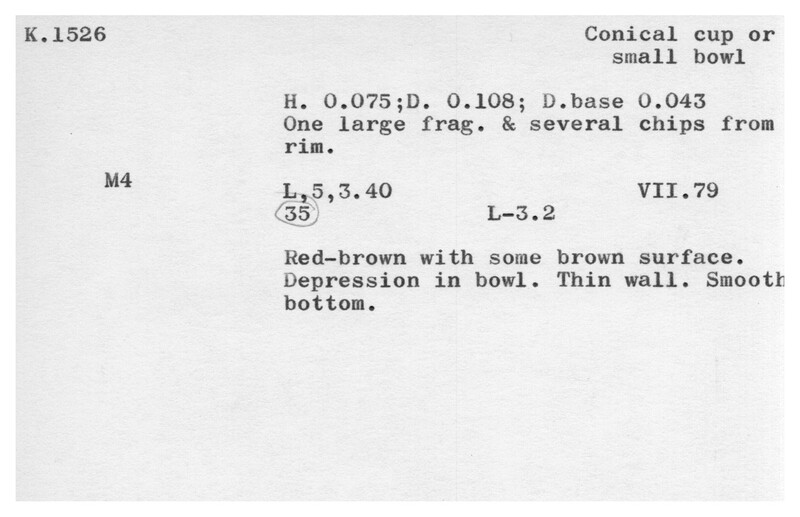 Index card with typed and handwritten information, sometimes including a sketch, of pottery from an excavation.