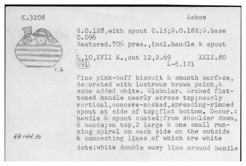 Index card with typed and handwritten information, sometimes including a sketch, of pottery from an excavation.