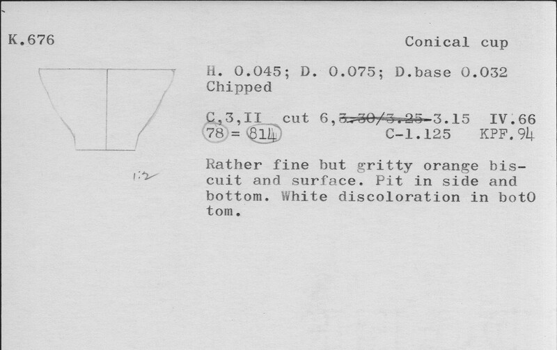 Index card with typed and handwritten information, sometimes including a sketch, of pottery from an excavation.