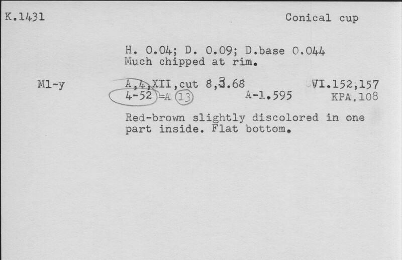 Index card with typed and handwritten information, sometimes including a sketch, of pottery from an excavation.