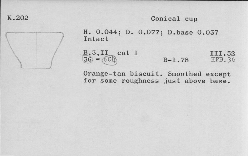 Index card with typed and handwritten information, sometimes including a sketch, of pottery from an excavation.