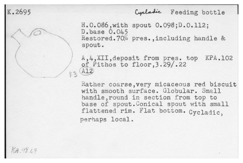 Index card with typed and handwritten information, sometimes including a sketch, of pottery from an excavation.