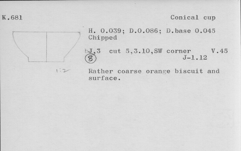 Index card with typed and handwritten information, sometimes including a sketch, of pottery from an excavation.