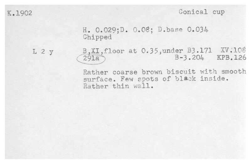 Index card with typed and handwritten information, sometimes including a sketch, of pottery from an excavation.
