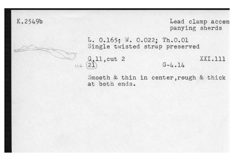 Index card with typed and handwritten information, sometimes including a sketch, of pottery from an excavation.