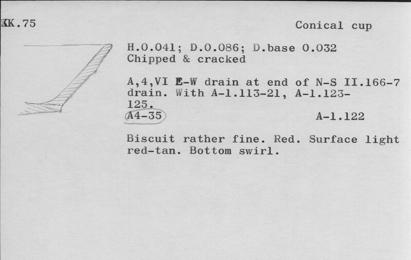 Index card with typed and handwritten information, sometimes including a sketch, of pottery from an excavation.