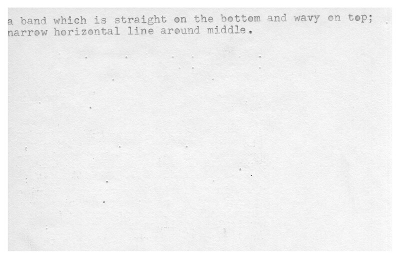 Index card with typed and handwritten information, sometimes including a sketch, of pottery from an excavation.
