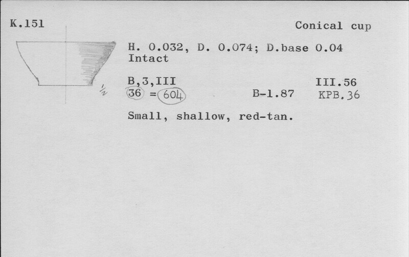 Index card with typed and handwritten information, sometimes including a sketch, of pottery from an excavation.