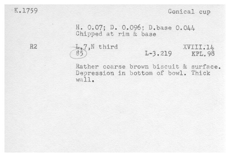 Index card with typed and handwritten information, sometimes including a sketch, of pottery from an excavation.