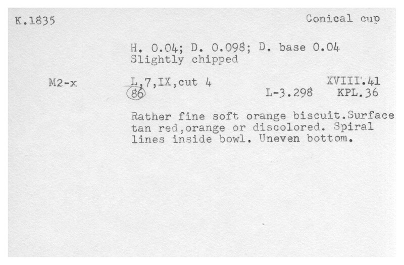 Index card with typed and handwritten information, sometimes including a sketch, of pottery from an excavation.