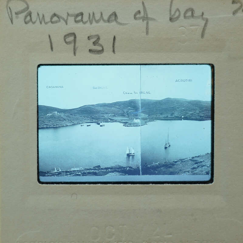 Black and white photograph of a harbor with boats, labeled "PANORAMA OF BAY" from 1931.