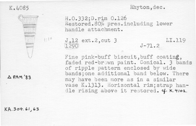 Index card with typed and handwritten information, sometimes including a sketch, of pottery from an excavation.