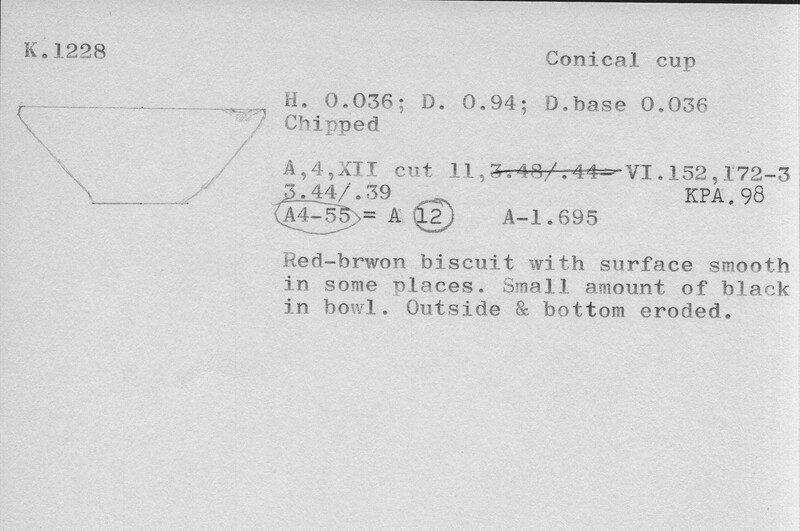 Index card with typed and handwritten information, sometimes including a sketch, of pottery from an excavation.