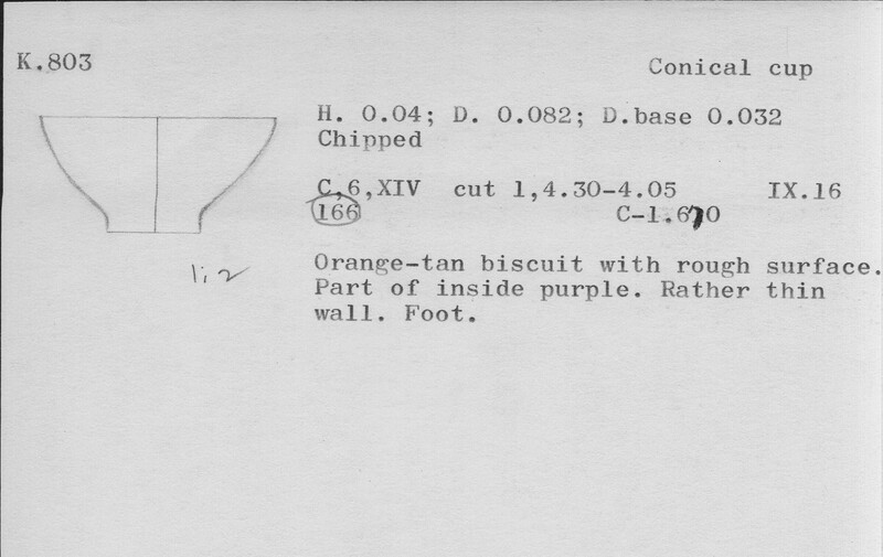 Index card with typed and handwritten information, sometimes including a sketch, of pottery from an excavation.