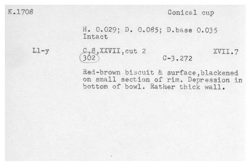 Index card with typed and handwritten information, sometimes including a sketch, of pottery from an excavation.