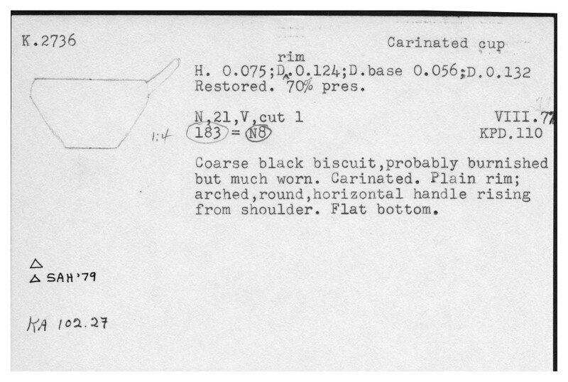 Index card with typed and handwritten information, sometimes including a sketch, of pottery from an excavation.