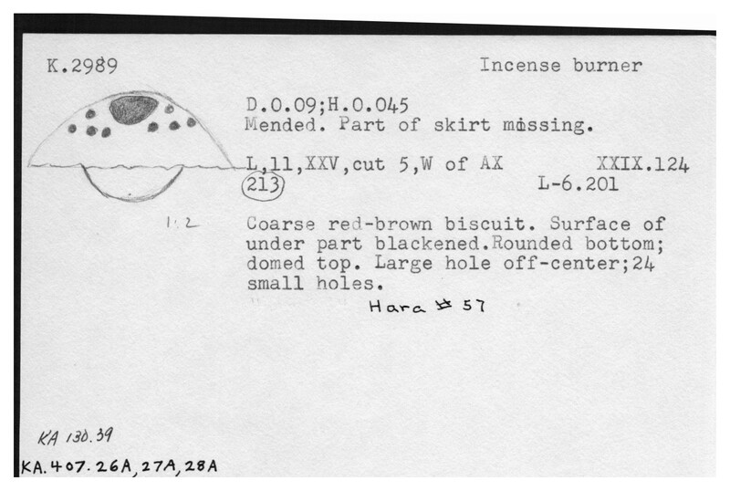 Index card with typed and handwritten information, sometimes including a sketch, of pottery from an excavation.