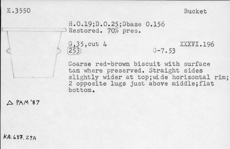 Index card with typed and handwritten information, sometimes including a sketch, of pottery from an excavation.
