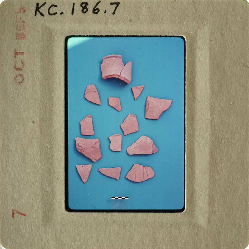 Pink ceramic shards on blue surface with black border and white label.