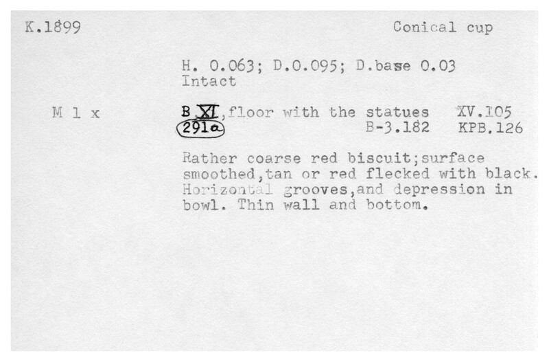 Index card with typed and handwritten information, sometimes including a sketch, of pottery from an excavation.