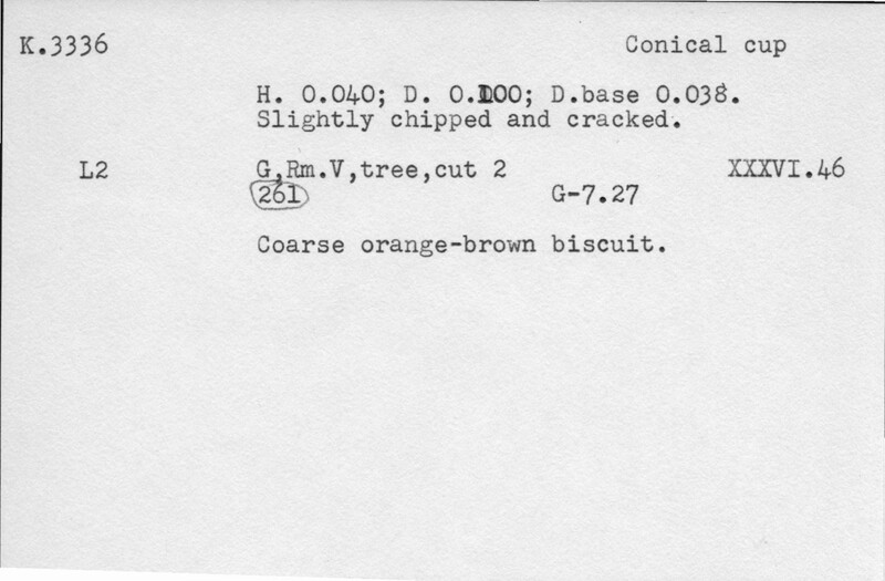 Index card with typed and handwritten information, sometimes including a sketch, of pottery from an excavation.