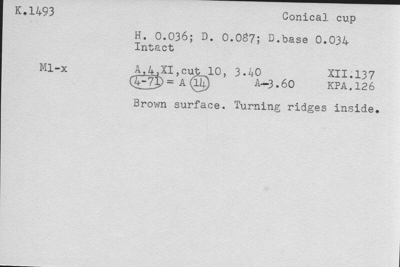 Index card with typed and handwritten information, sometimes including a sketch, of pottery from an excavation.