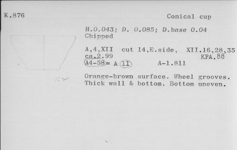 Index card with typed and handwritten information, sometimes including a sketch, of pottery from an excavation.