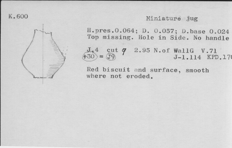 Index card with typed and handwritten information, sometimes including a sketch, of pottery from an excavation.