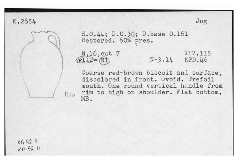 Index card with typed and handwritten information, sometimes including a sketch, of pottery from an excavation.