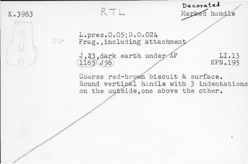 Index card with typed and handwritten information, sometimes including a sketch, of pottery from an excavation.