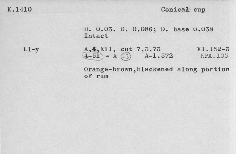Index card with typed and handwritten information, sometimes including a sketch, of pottery from an excavation.