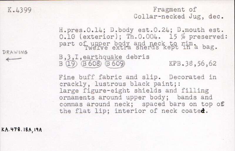 Index card with typed and handwritten information, sometimes including a sketch, of pottery from an excavation.