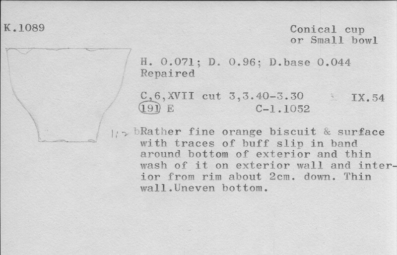 Index card with typed and handwritten information, sometimes including a sketch, of pottery from an excavation.