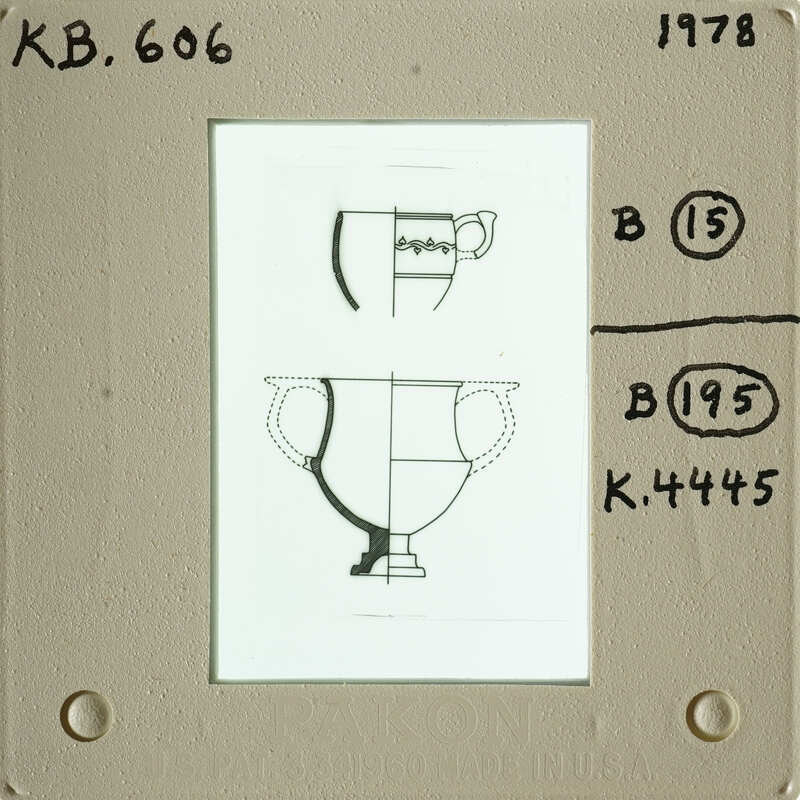 A diagrammed illustration of two trophy cups with measurements and letters B15 and K41445 written on them.