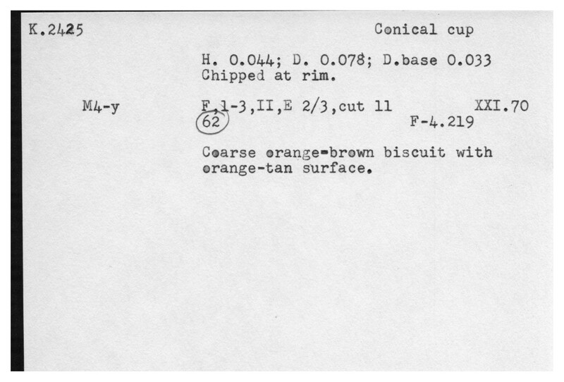 Index card with typed and handwritten information, sometimes including a sketch, of pottery from an excavation.