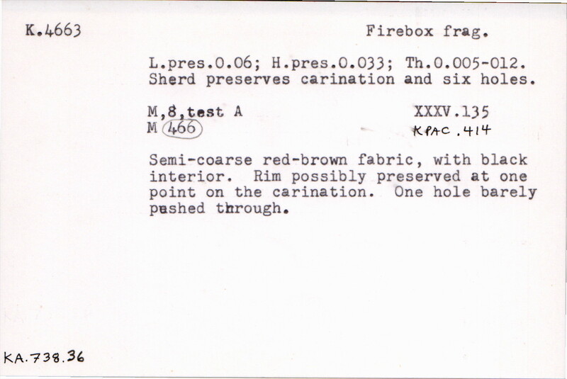 Index card with typed and handwritten information, sometimes including a sketch, of pottery from an excavation.