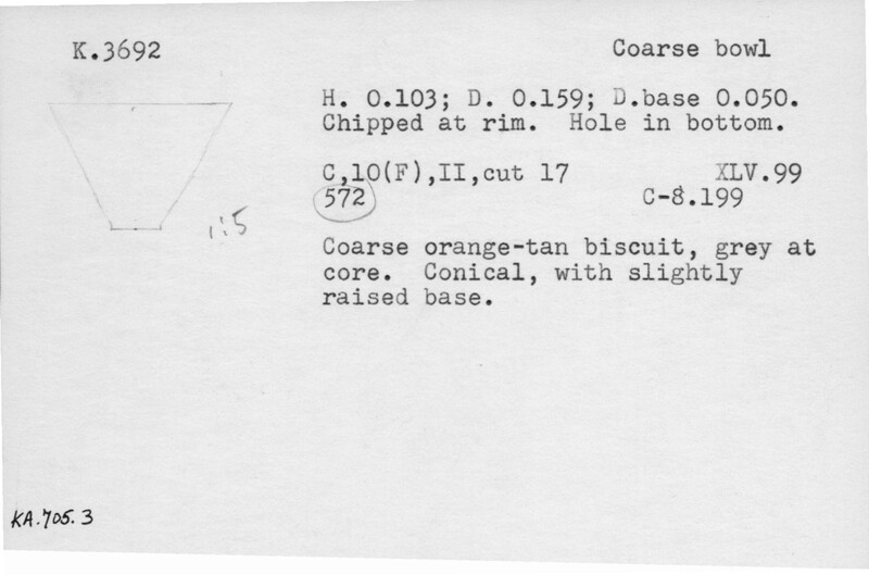Index card with typed and handwritten information, sometimes including a sketch, of pottery from an excavation.