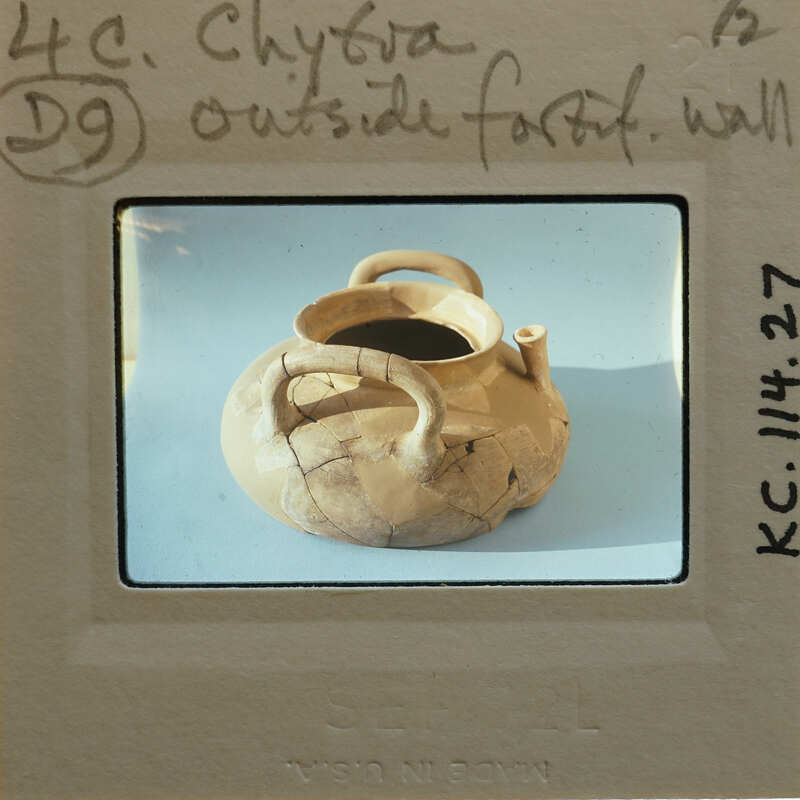 Reassembled pot from above of Chytia type showing handles and spout.