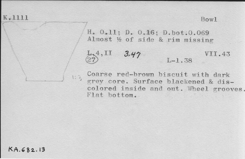 Index card with typed and handwritten information, sometimes including a sketch, of pottery from an excavation.