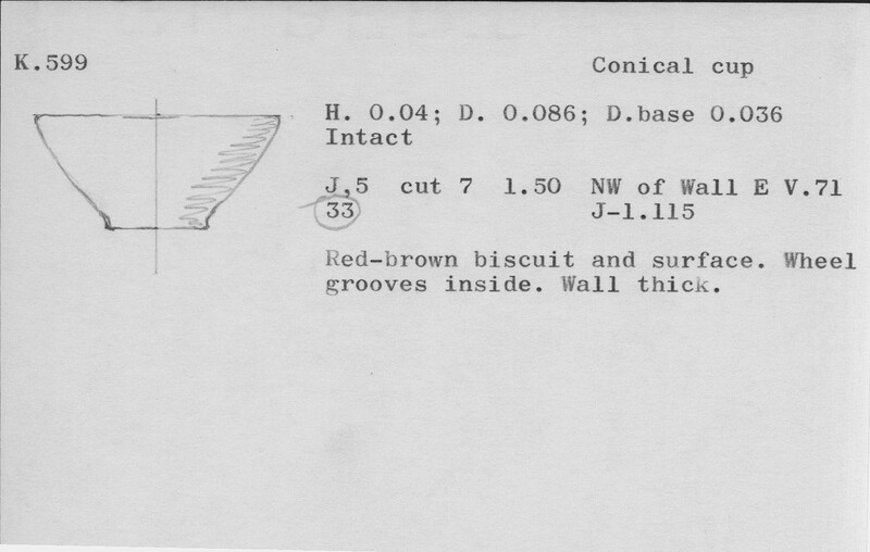 Index card with typed and handwritten information, sometimes including a sketch, of pottery from an excavation.