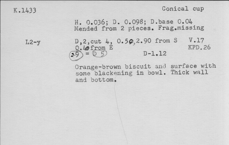 Index card with typed and handwritten information, sometimes including a sketch, of pottery from an excavation.