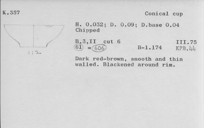 Index card with typed and handwritten information, sometimes including a sketch, of pottery from an excavation.