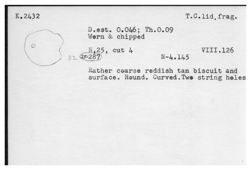 Index card with typed and handwritten information, sometimes including a sketch, of pottery from an excavation.
