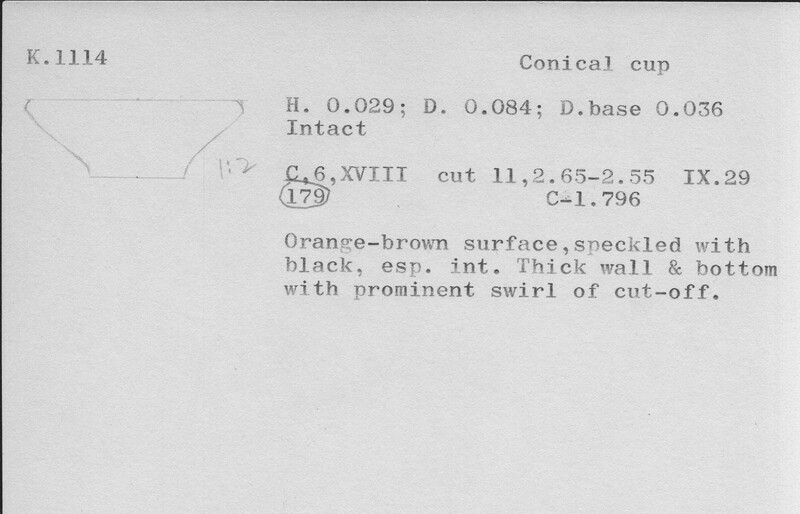Index card with typed and handwritten information, sometimes including a sketch, of pottery from an excavation.