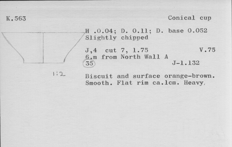 Index card with typed and handwritten information, sometimes including a sketch, of pottery from an excavation.
