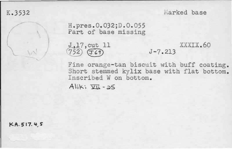 Index card with typed and handwritten information, sometimes including a sketch, of pottery from an excavation.