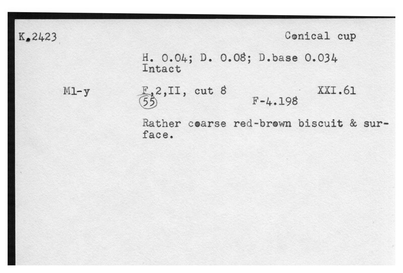 Index card with typed and handwritten information, sometimes including a sketch, of pottery from an excavation.