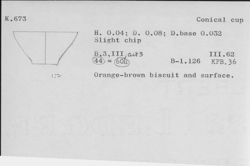 Index card with typed and handwritten information, sometimes including a sketch, of pottery from an excavation.