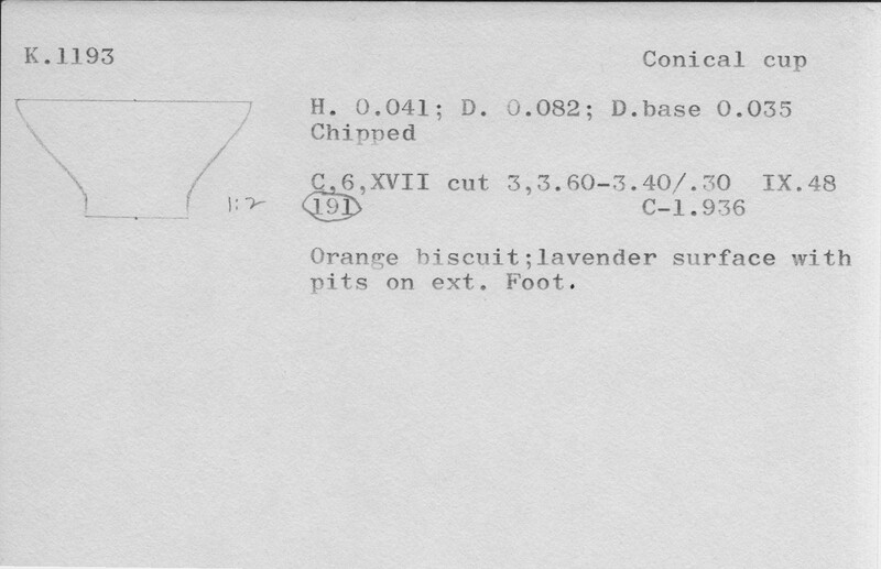 Index card with typed and handwritten information, sometimes including a sketch, of pottery from an excavation.